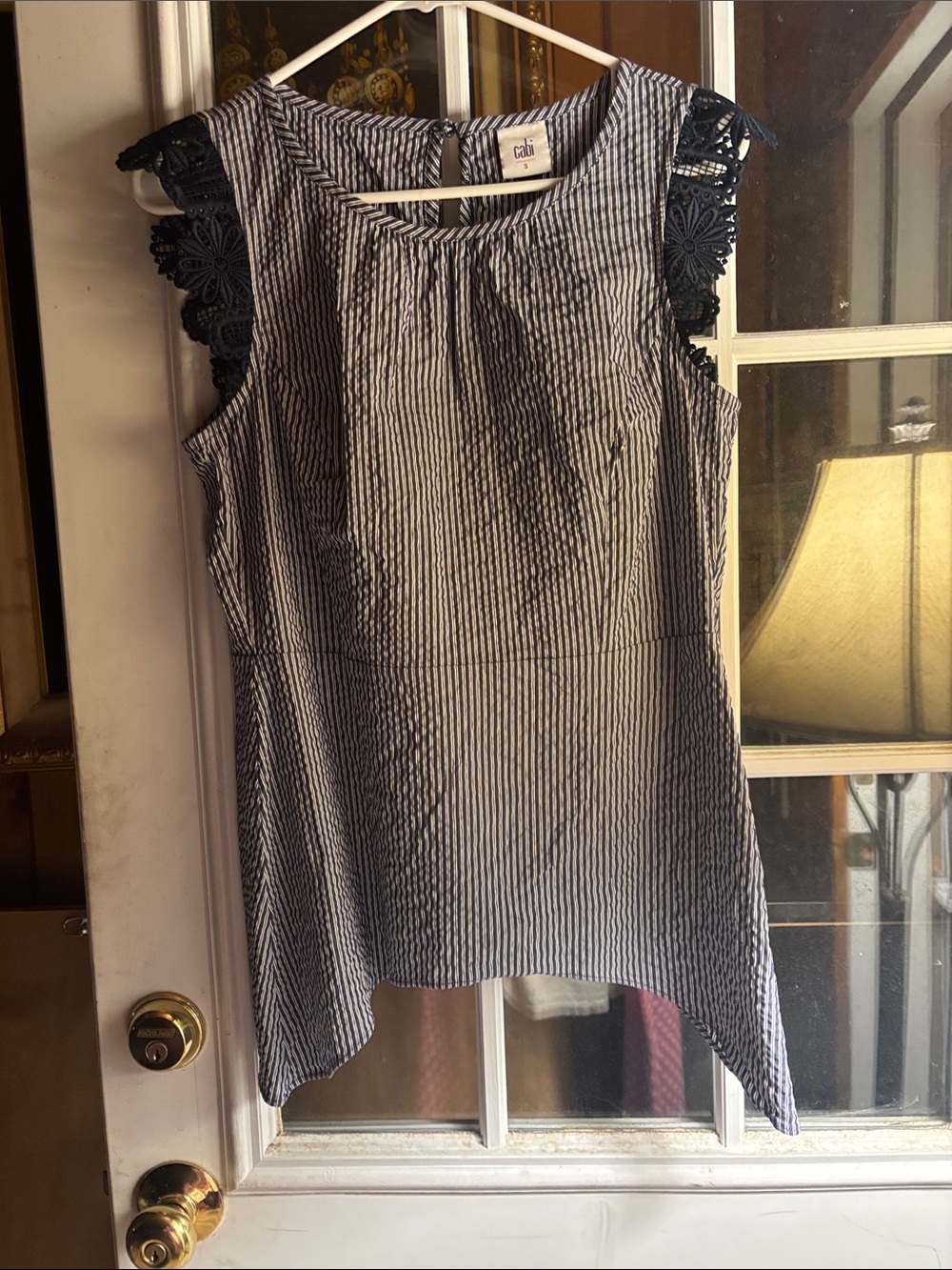 CAbi Navy & White Striped Tank with Navy Lace Cap Sleeves